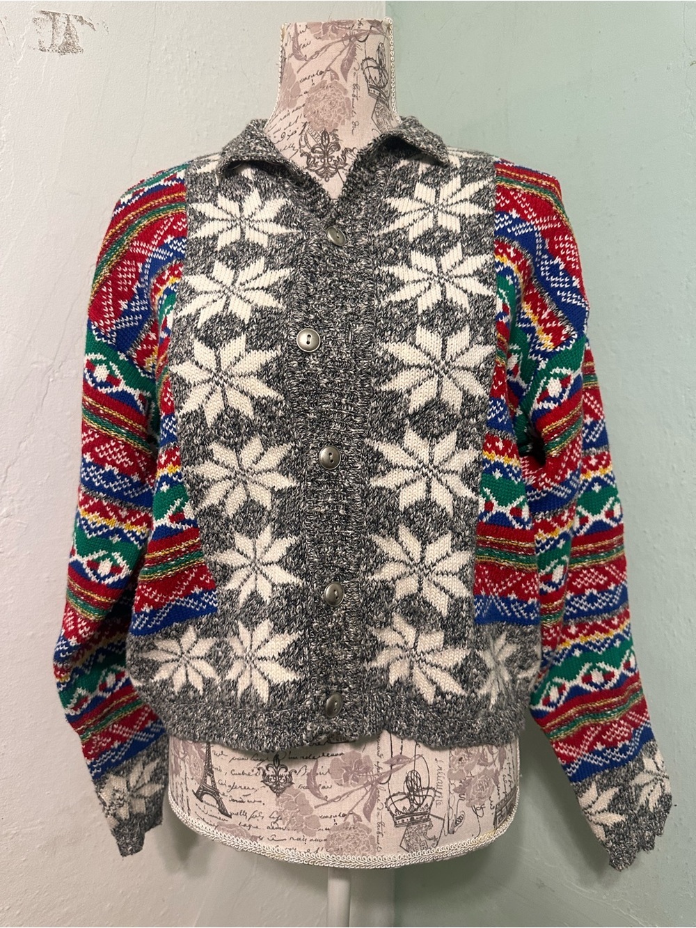 Vintage Liz Claiborne Red gray Christmas festive knit cardigan Small Cotton